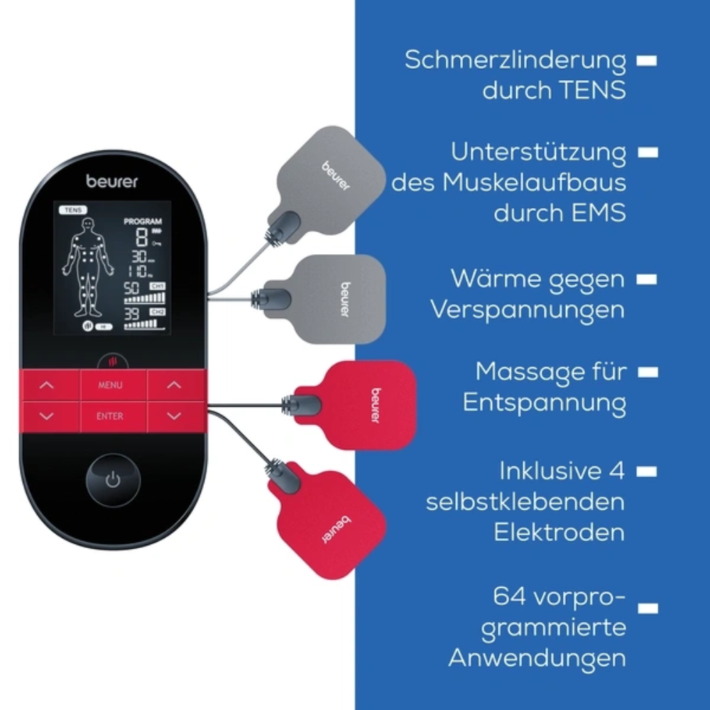 Das Beurer Digital TENS/EMS EM 59 mit Wärmefunktion der Beurer GmbH ist mit einem Bildschirm und Tasten mit der Aufschrift „MENU“ und „PROGRAMM“ ausgestattet. Es verfügt über vier Elektrodenpads (zwei rote, zwei graue). Der deutsche Text hebt Funktionen wie TENS zur Schmerzlinderung, EMS zum Muskelaufbau, die Wärmefunktion zum Lösen von Verspannungen, entspannende Massagefunktionen, 4 Elektroden und 64 verschiedene Programme hervor.