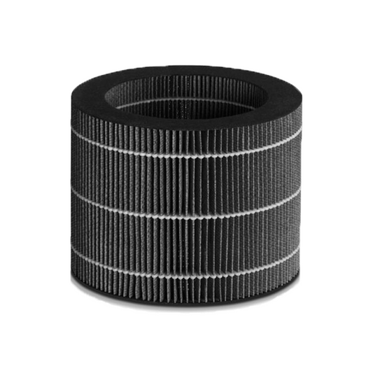 Ein zylindrischer Luftfilter mit schwarz-grauem Faltendesign steht aufrecht vor einem weißen Hintergrund. Der Beurer Ersatzfilter für den Beurer Luftbefeuchter LB 200/300 Plus der Beurer GmbH verfügt über horizontale Schichten und ein hohles Zentrum und verfügt über eine Filterleistung von 99,99 %.