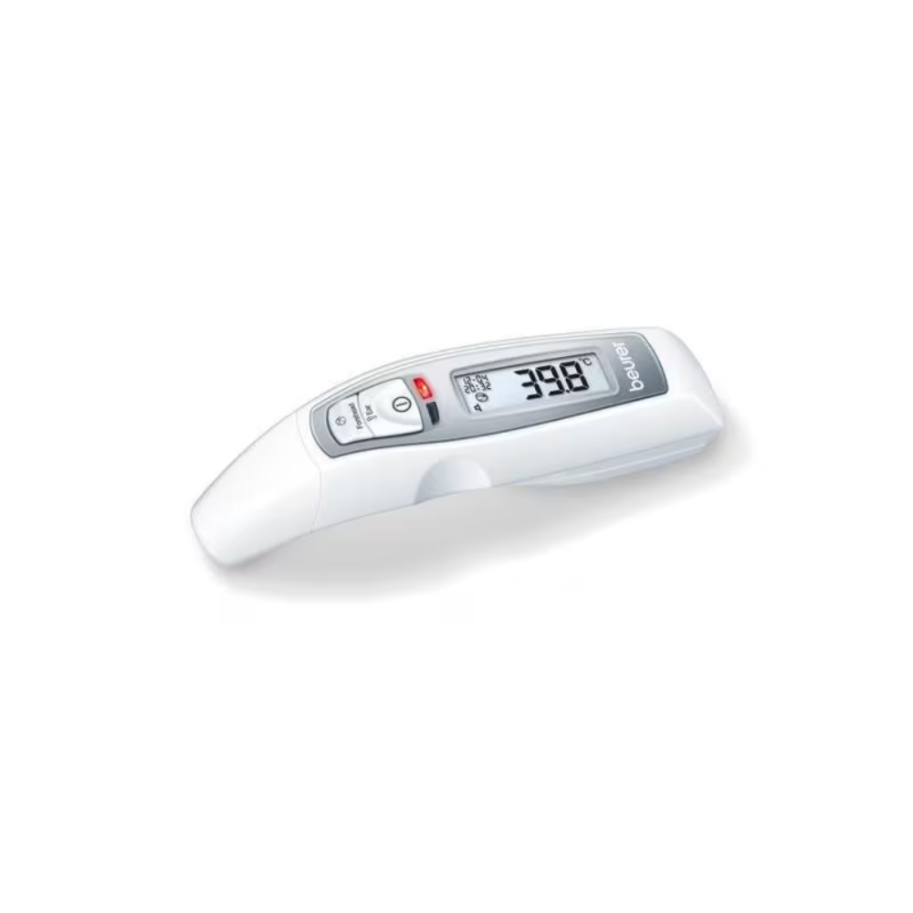 Ein Beurer FT 65 Multifunktionsthermometer kontaklos von Beurer GmbH in Weiß zeigt auf seinem LCD-Bildschirm eine Temperatur von 39,8 °C an. Das für Sekundenschnelle Messungen konzipierte Gerät verfügt über Tasten für Einschalten und Messen, wobei der Markenname „Beurer“ an der Seite sichtbar ist. Das Thermometer liegt auf einer weißen Oberfläche.