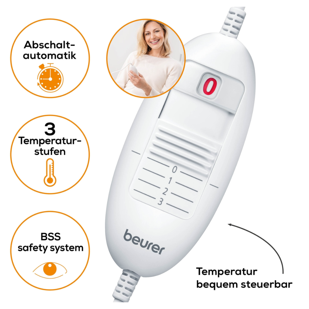 Das Beurer HK 35 Heizkissen der Beurer GmbH ist ein weißes Steuergerät mit Ein-/Ausschalter und drei Temperatureinstellungen. Die Symbole weisen auf eine automatische Abschaltfunktion, drei verfügbare Temperaturstufen und das BSS-Sicherheitssystem hin. Das nach OEKO-TEX® STANDARD 100 zertifizierte Produkt verfügt außerdem über eine runde Einlage mit einer lächelnden Person, die es benutzt.