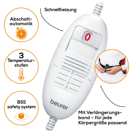 Bild eines weißen Beurer HK 55 Heizkissen Easyfix-Controllers von Beurer GmbH. Es verfügt über 3 Temperatureinstellungen, eine automatische Abschaltfunktion und ein BSS-Sicherheitssystem. Der deutsche Text weist darauf hin, dass es über eine Schnellheizung für schnelles Aufheizen und einen Verlängerungsgurt verfügt, der für Bauch, Rücken, Gelenke oder jede andere Körpergröße geeignet ist.