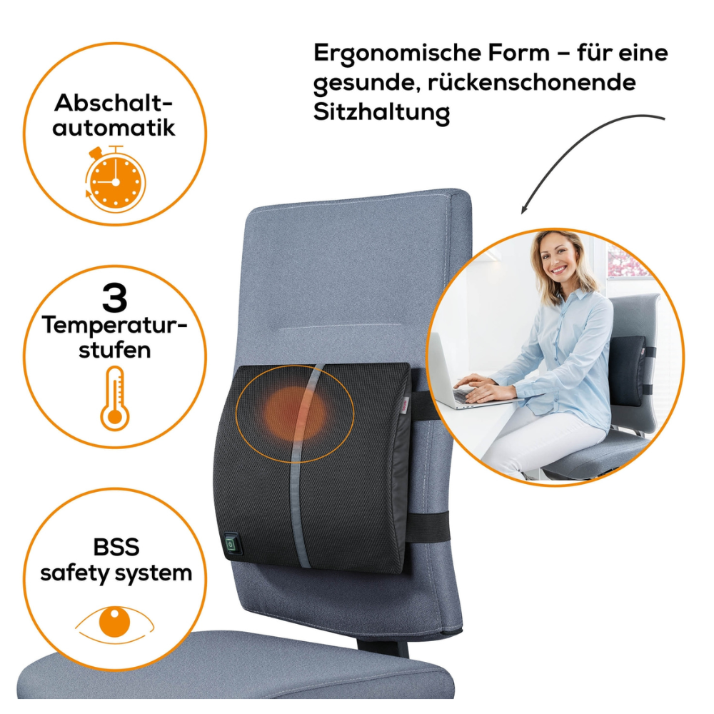 Ein Beurer HK 70 Heizkissen mit Rückenstütze der Beurer GmbH ist an einem Bürostuhl befestigt. Die Grafik hebt Funktionen wie einen Timer zur automatischen Abschaltung, drei Temperatureinstellungen und ein Sicherheitssystem hervor. Eine Frau ist zu sehen, die das Kissen bei der Arbeit an einem Schreibtisch verwendet. Ein Text in deutscher Sprache beschreibt das ergonomische Design für eine gesunde, rückenschonende Sitzhaltung.