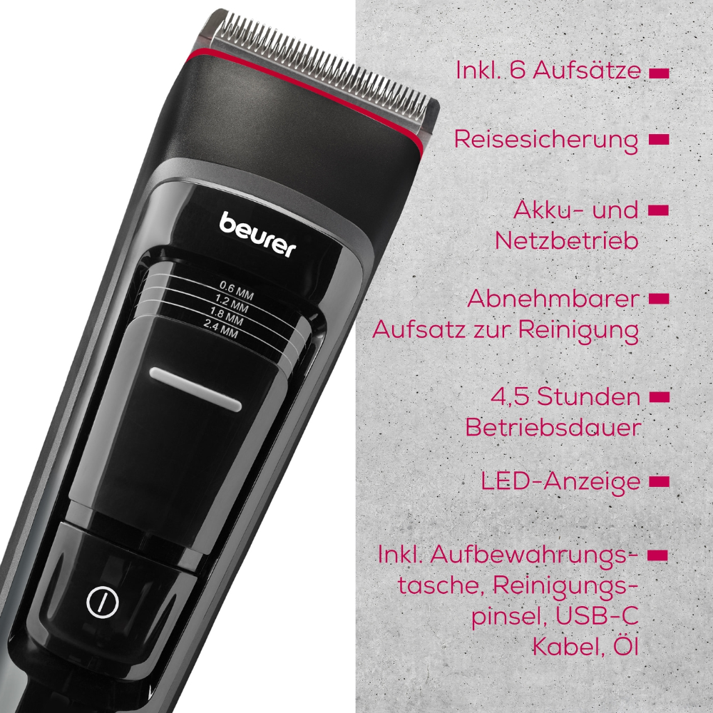 Der Beurer Haarschneider MN5X von Beurer GmbH ist ein eleganter, schwarz-grauer elektrischer Haarschneider mit 7 Aufsätzen und Reisesicherung. Er funktioniert sowohl mit Batterie als auch mit Netzstrom, verfügt über eine Edelstahlklinge und hat einen abnehmbaren Kopf für müheloses Reinigen. Genießen Sie bis zu 4,5 Stunden Laufzeit mit dem mitgelieferten Zubehör und detaillierten Funktionsinformationen in deutschem Text.