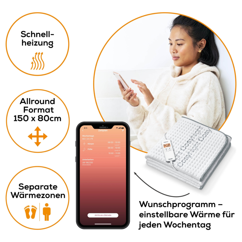 Eine Frau sitzt auf einer Couch und telefoniert. Neben ihr ist ein Bild des Beurer Komfort-Wärmeunterbetts UB 190 CosyNight der Beurer GmbH zu sehen, mit einem Text, der seine Funktionen erläutert: schnelles Aufheizen, Gesamtgröße von 150x80 cm, zwei Wärmezonen und individuelle Wärmeeinstellungen für jeden Tag. Auf einem Smartphone wird die Beurer CosyNight App zur Steuerung des app-gesteuerten Wärmeunterbetts angezeigt.