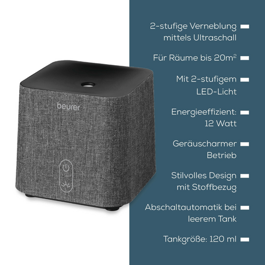 Ein Bild, das den Aroma-Diffusor Beurer LA 35 der Beurer GmbH mit grauer Stoffhülle zeigt. Der Text hebt die wichtigsten Funktionen hervor, darunter zweistufige Ultraschallvernebelung, Eignung für Räume bis zu 20 m², zweistufiges LED-Licht, 12 Watt Energieeffizienz, leiser Betrieb, automatische Abschaltfunktion und ein Tankvolumen von 120 ml.