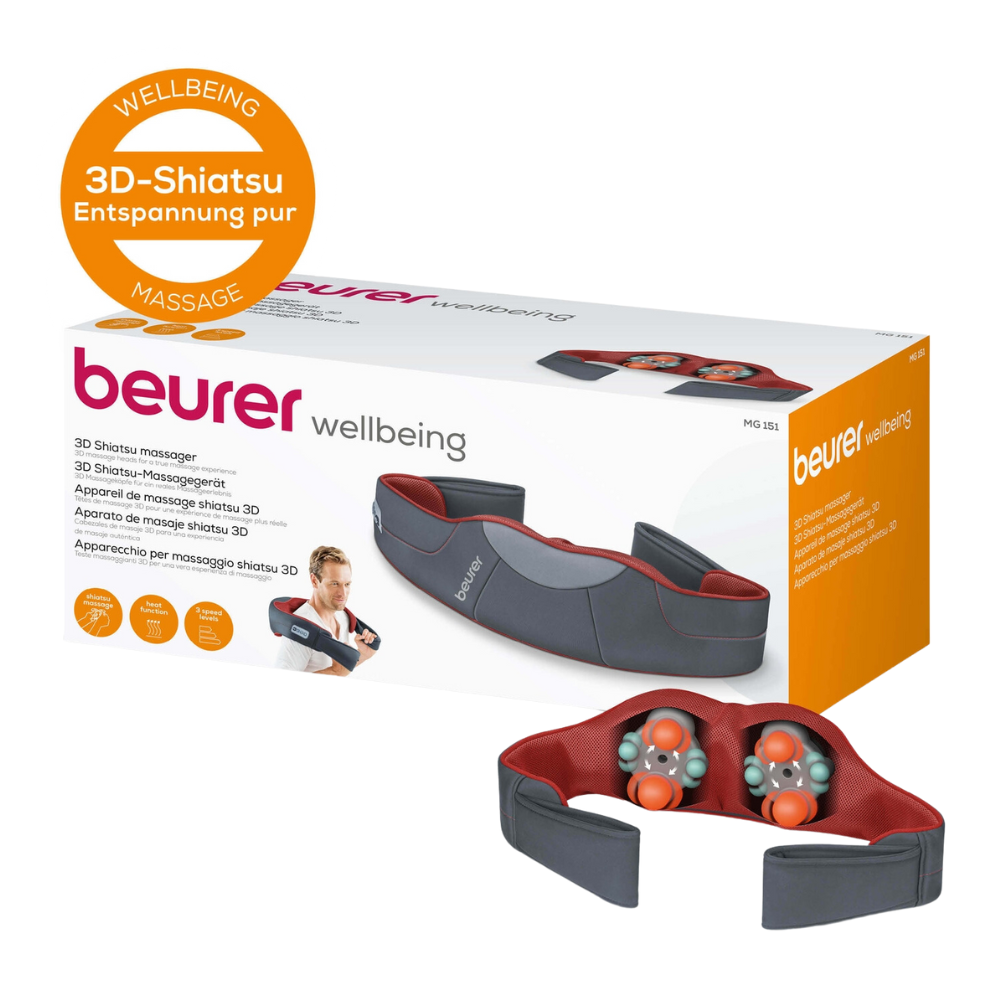 Bild eines Beurer MG 151 3D Shiatsu-Massagegeräts von Beurer GmbH mit Verpackung. Das speziell für Nacken und Schultern konzipierte Massagegerät verfügt über graue und orangefarbene Polster. Die Verpackung trägt die Aufschrift „3D Shiatsu Massage“ und „Wellbeing“ in mehreren Sprachen sowie Produktbilder, um das Massageerlebnis zu verbessern.