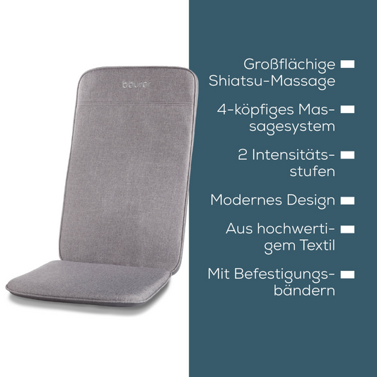 Die Beurer MG 202 Shiatsu-Massagesitzauflage (1 Stück) von Beurer GmbH bietet eine großflächige Shiatsu-Massage, ein 4-köpfiges Massagesystem, zwei Intensitätsstufen, modernes Design, besteht aus hochwertigem Textil und ist mit Befestigungsbändern ausgestattet.