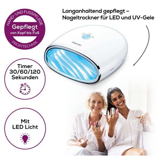 Eine Frau sitzt lächelnd auf einem Sofa und präsentiert ihre bunt lackierten Nägel. Neben ihr sitzt eine andere Frau. Links ist ein Produktbild eines Beurer MP 48 LED/UV-Nageltrockners | Packung (1 Stück) von Beurer GmbH mit dem Text: „Langanhaltend gepflegt – Nageltrockner für LED und UV-Gele“ und Funktionssymbolen für Timer und LED-Licht zu sehen.