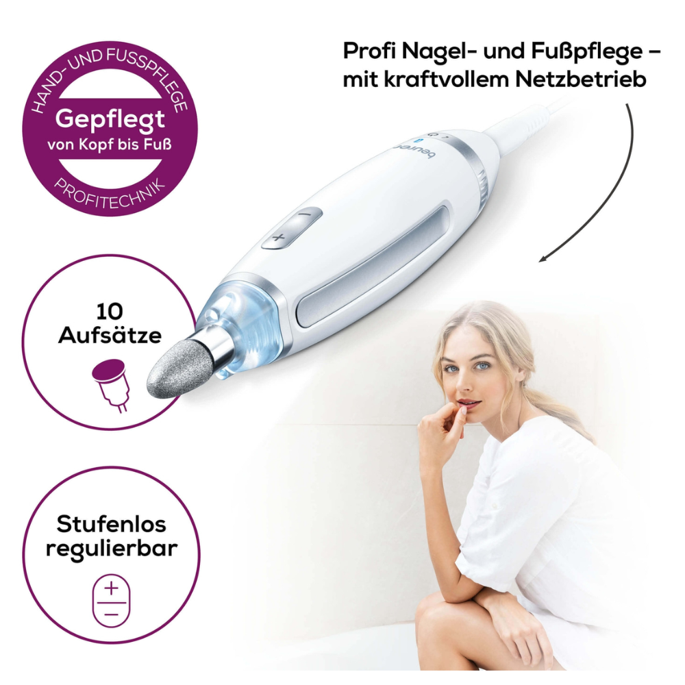 Abgebildet ist ein Beurer MP 62 Maniküre-/ Pediküreset | Packung (1 Stück) von Beurer GmbH mit weißem Griff, aufgesetztem Schleifkopf und integriertem LED-Licht. Der deutsche Text hebt die Funktionen hervor, darunter 10 Aufsätze, stufenlose Einstellung und leistungsstarker Netzbetrieb. Eine Frau in weißem Outfit sitzt und berührt ihre Wange.