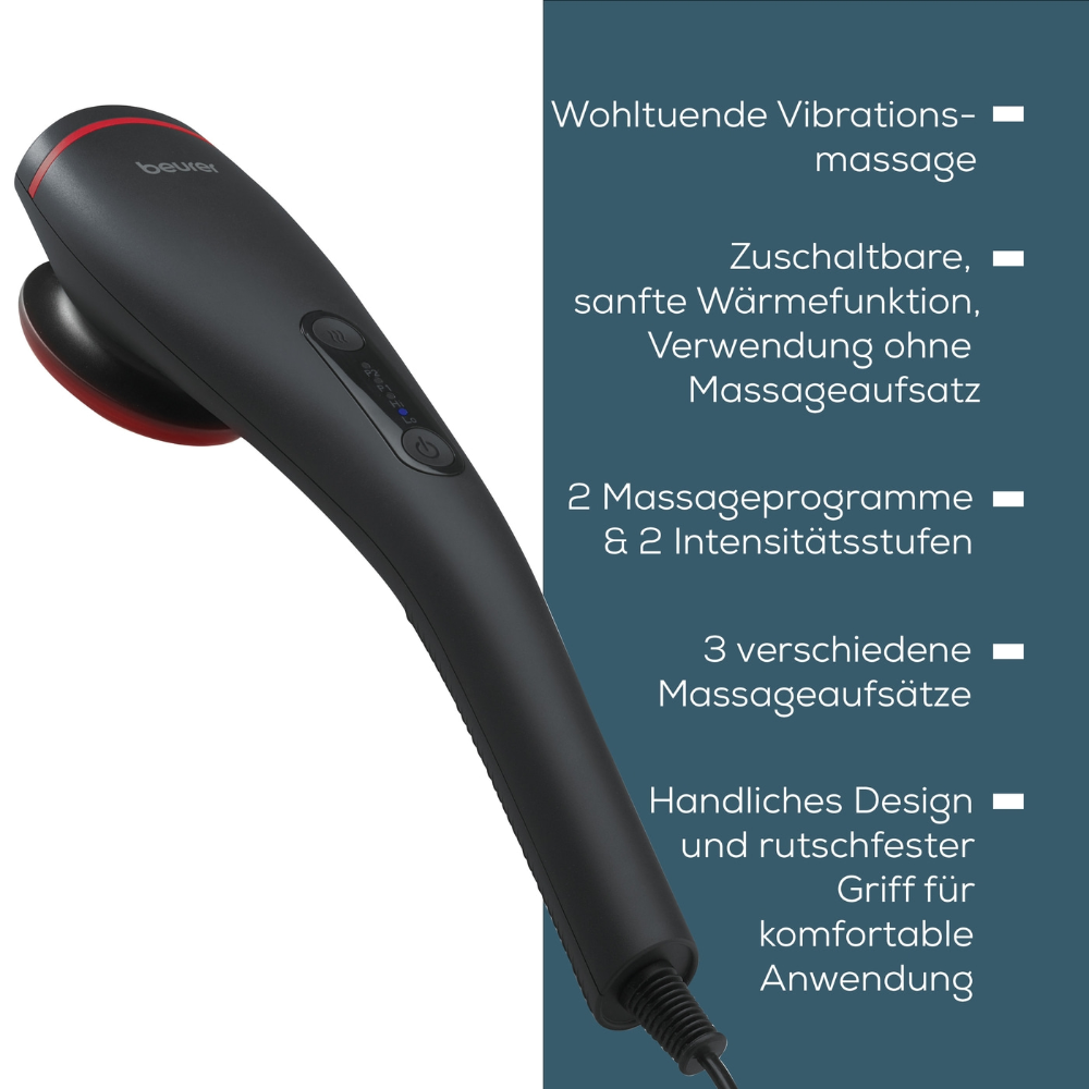 Beurer Massagegerät MG 24 | Packung (1 Stück) von Beurer GmbH mit deutschem Text, der seine Funktionen beschreibt. Das Gerät besticht durch ein elegantes schwarzes Design mit einem gebogenen Griff und Einschaltknöpfen. Beschreibungen heben Vibrationsmassage, einstellbare Wärmefunktion, zwei Programme, zwei Intensitätsstufen und drei Massageaufsätze hervor.