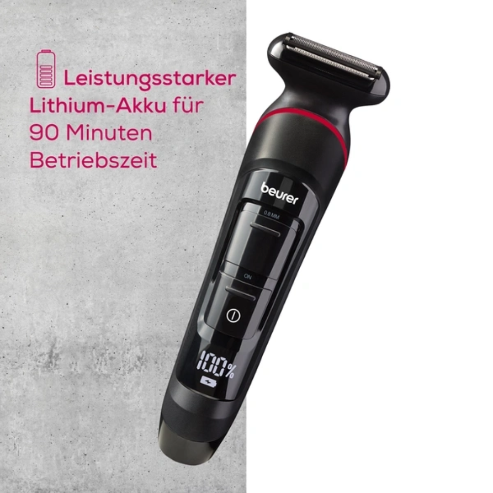 Abgebildet ist ein Beurer Multigroomer MN9X zum Trimmen und Rasieren | Packung (1 Stück) von Beurer GmbH mit einem digitalen Display, das einen Akkustand von 100 % anzeigt. Der Hintergrund zeigt eine graue Betontextur mit einem deutschen Text, der für einen leistungsstarken, wasserdichten Lithium-Akku mit 90 Minuten Betriebszeit wirbt.