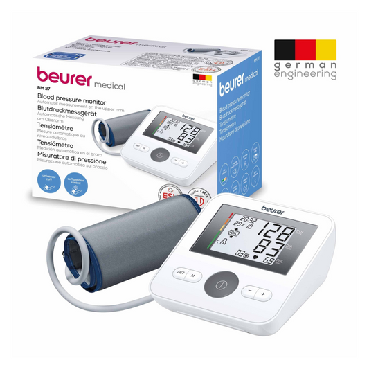 Das Bild zeigt ein Beurer Oberarm-Blutdruckmessgerät BM 27 | Packung (1 Stück) von Beurer GmbH mit seiner Verpackungsbox. Das Messgerät verfügt über eine digitale Anzeige, Arrhythmie-Erkennung und eine angeschlossene Manschette. Die Verpackung hebt wichtige Funktionen und Merkmale hervor, darunter ein „German Engineering“-Logo in der oberen rechten Ecke.