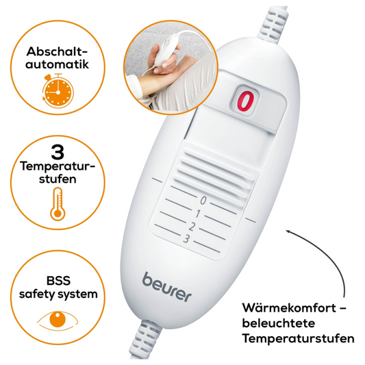 Das Beurer Spann-Wärmeunterbett UB 64 der Beurer GmbH verfügt über einen weißen Sicherheitsregler mit Schiebeschalter zur Auswahl von drei Temperaturstufen und beleuchteter Niveauanzeige. Begleitet von erklärenden Symbolen, die die automatische Abschaltfunktion, die drei Temperatureinstellungen und das integrierte Sicherheitssystem hervorheben, ist das Produkt nach OEKO-TEX® STANDARD 100 zertifiziert.