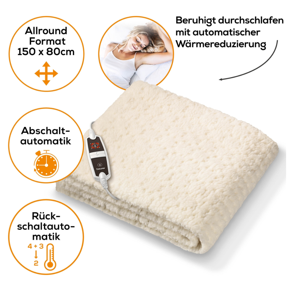 Abgebildet ist ein Beurer Teddy Wärmeunterbett UB 53 mit weicher, plüschiger Oberfläche. Es verfügt über eine Fernbedienung mit 9 Temperatureinstellungen. Symbole heben Funktionen wie Allround-Größe (150 x 80 cm), automatische Abschaltung und automatische Wärmereduzierung hervor.