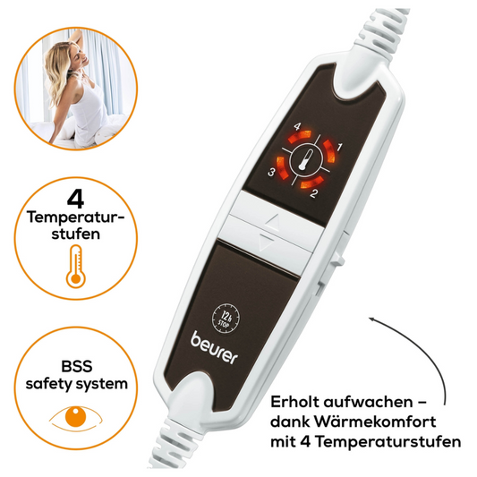 Bild eines Teddy Wärmeunterbett UB 53-Controllers der Marke Beurer. Das Gerät verfügt über ein Display mit 9 Temperaturstufen und einem Symbol für das „BSS-Sicherheitssystem“. Im Hintergrund ist eine Frau in einem weißen Kleid zu sehen, und ein deutscher Text beschreibt die Funktionen des Beurer Komfort-Wärmeunterbetts.