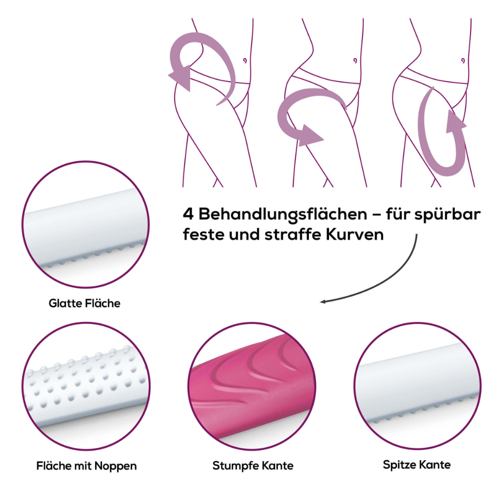 Abbildung des Beurer cellulite releaZer® compact, Cellulite-Massage | Packung (1 Stück), mit vier Behandlungsbereichen zur sichtbaren Straffung und Straffung der Kurven. Die Diagramme zeigen Körperteile sowie Nahaufnahmen ihrer Oberflächen: glatt, strukturiert mit Noppen, stumpfe Kante und spitze Kante. Ein erklärender Text in deutscher Sprache beschreibt die von der Beurer GmbH bereitgestellten Funktionen.