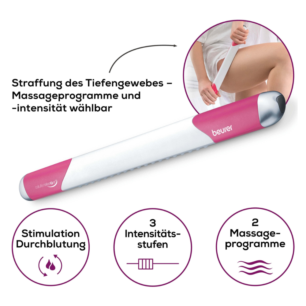 Bild eines Beurer-Massagegeräts mit deutschem Text und Symbolen. Die Abbildung zeigt eine Frau, die den Beurer cellulite releaZer® compact, Cellulite-Massage | Packung (1 Stück) an ihrem Oberschenkel verwendet. Dabei werden Funktionen wie Tiefenstraffung des Gewebes, wählbare Massageprogramme und -intensität, verbesserte Durchblutung, drei Intensitätsstufen und zwei Massageprogramme hervorgehoben.