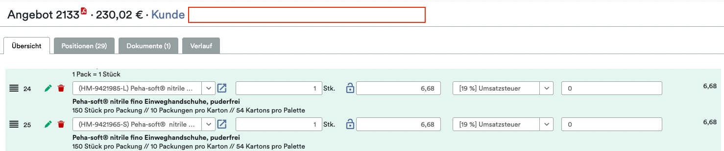 Ein Screenshot eines Computerbildschirms, der eine Altruan WooCommerce B2B Order Tool-Schnittstelle mit zwei aufgelisteten Artikeln zeigt. Jeder Artikel enthält Details wie Preis, Menge und Maßeinheit. Ein Textabschnitt ist hervorgehoben.