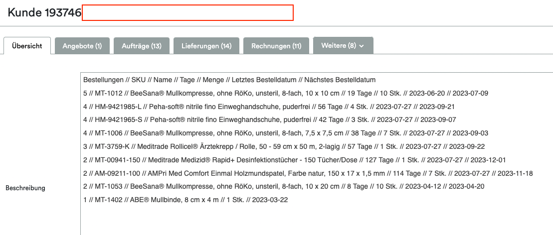 Ein Screenshot, der eine Altruan ClientView Orders-Schnittstelle mit verschiedenen Registerkarten wie „Übersicht“, „Angebote“ und mehr zeigt. Ganz oben ist die Kundennummer 193746 hervorgehoben. Der folgende Abschnitt zeigt die Weclapp-Kundenübersicht nach gekauften Produkten.