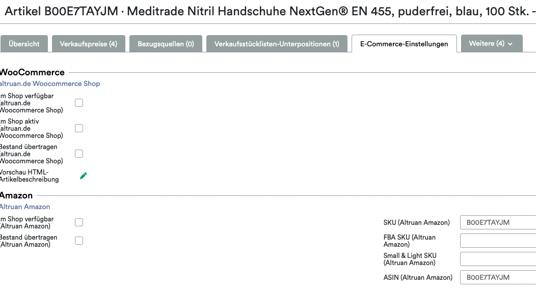 Screenshot einer Altruan UnitTable Sync: Weclapp Verpackungseinheiten und Stücklistengenerator-Schnittstelle, die die Listendetails von Meditrade Nitrilhandschuhe NextGen EN 455 zeigt. Größe und Menge sind angegeben. Ebenfalls sichtbar sind Marktplatz-S.