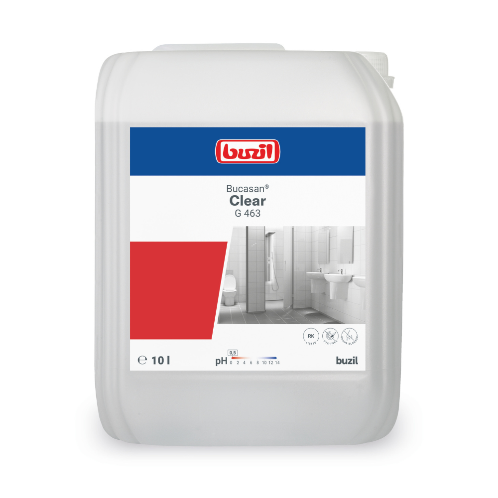 Ein 10-Liter-Behälter mit Buzil Bucasan® Clear G 463 Farbstofffreier Sanitärunterhaltsreiniger mit Geruchsblocker, mit dem Markenlogo der BUZIL-WERK Wagner GmbH & Co. KG, dem Produktnamen, einem Badezimmerbild und einem pH-Wert von 3. Ideal für die regelmäßige Sanitärpflege mit effektiver Kalkentfernungsfunktion. Aus Kunststoff mit Griff und Schraubverschluss.