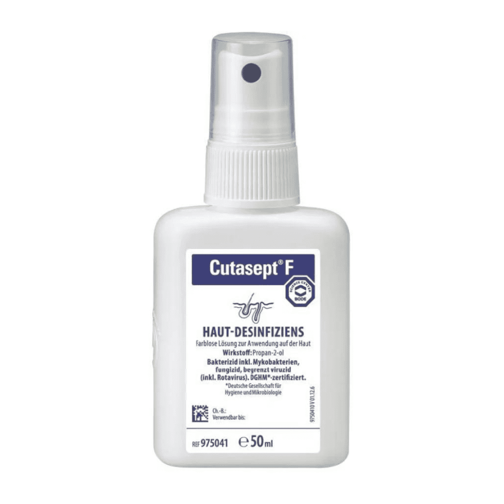 Eine 50 ml Flasche Bode Cutasept® F Hautantiseptikum Hautdesinfektionsspray. Das Etikett ist blau-weiss und zeigt Produktdetails und Anwendungshinweise in Deutsch. Hergestellt von Paul Hartmann AG.