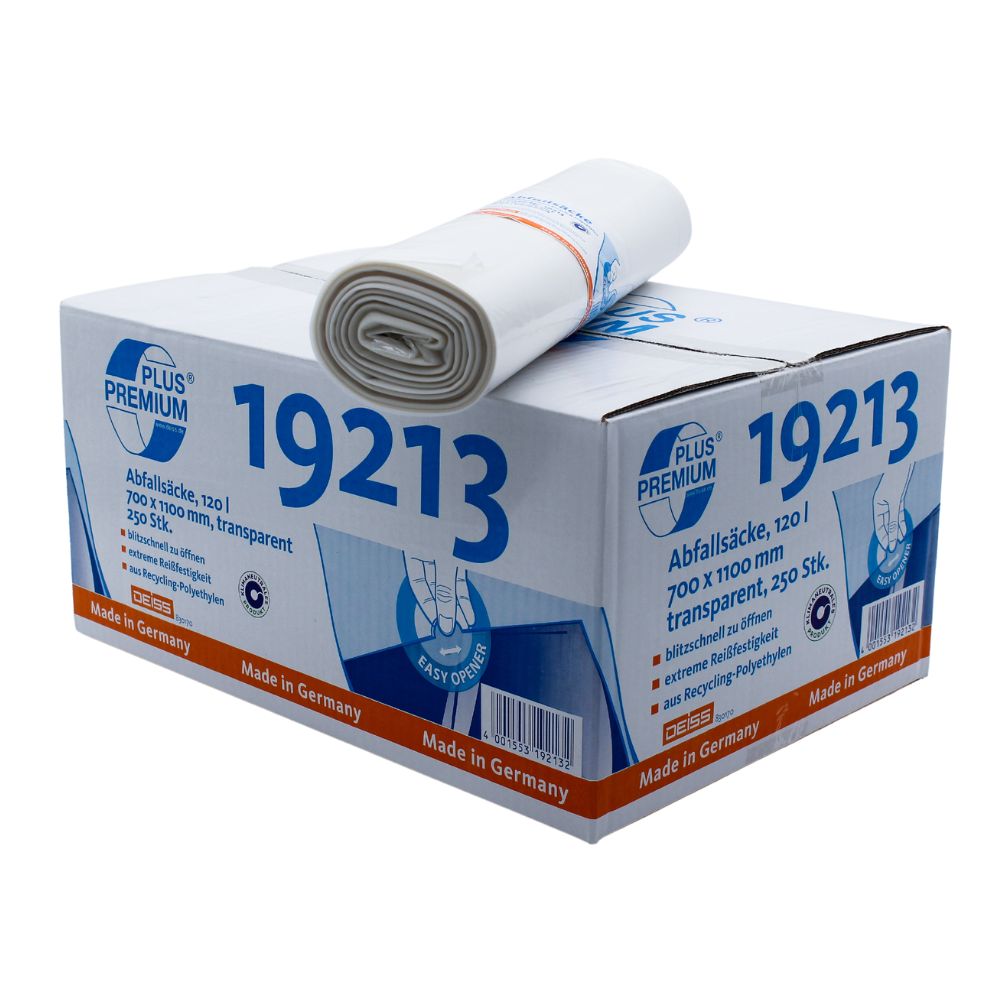 Ein Produktbild zeigt einen Karton mit der Aufschrift „19213“ und „DEISS Premium Plus“, auf dem sich ein aufgerollter Artikel befindet. Darin enthalten sind DEISS Premium Plus® 120 Liter Abfallsäcke Typ 60 19213 - Rolle / 120 Liter | Rolle (25 Stück) von Emil Deiss KG, Maße 700 x 1100 mm, hergestellt in Deutschland aus klimaneutralem Recyclingmaterial.