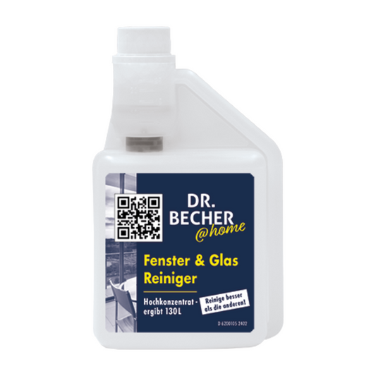 Eine weiße Flasche DR.BECHER @home Fenster & Glas Reiniger | Flasche (500 ml), ein hochkonzentrierter Reiniger, der streifenfreie Reinigung gewährleistet. Das Etikett enthält einen QR-Code, den Markennamen und Nutzungsinformationen. Die Flasche verfügt über einen integrierten Messverschluss für mehr Komfort und einen effizienten Ablaufeffekt.