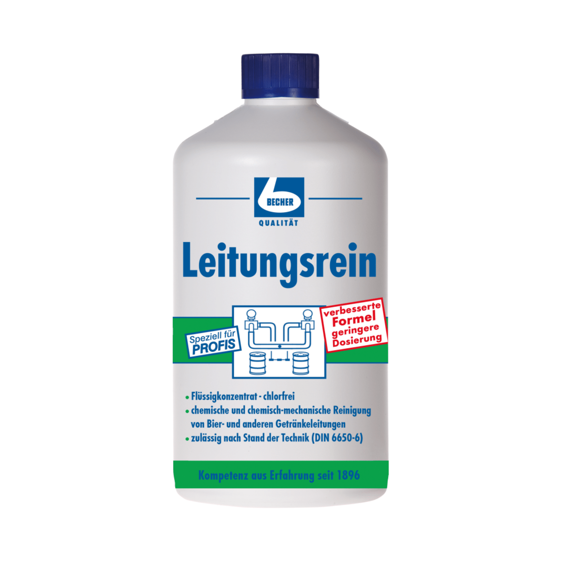 Eine Flasche Leitungsreiniger von Dr. Becher mit Text und Grafik, die seine Verwendung für professionelle Sanitärsysteme detailliert beschreiben, mit blauen und roten Farbakzenten und deutschem Text, der seine chemische Kompetenz hervorhebt.