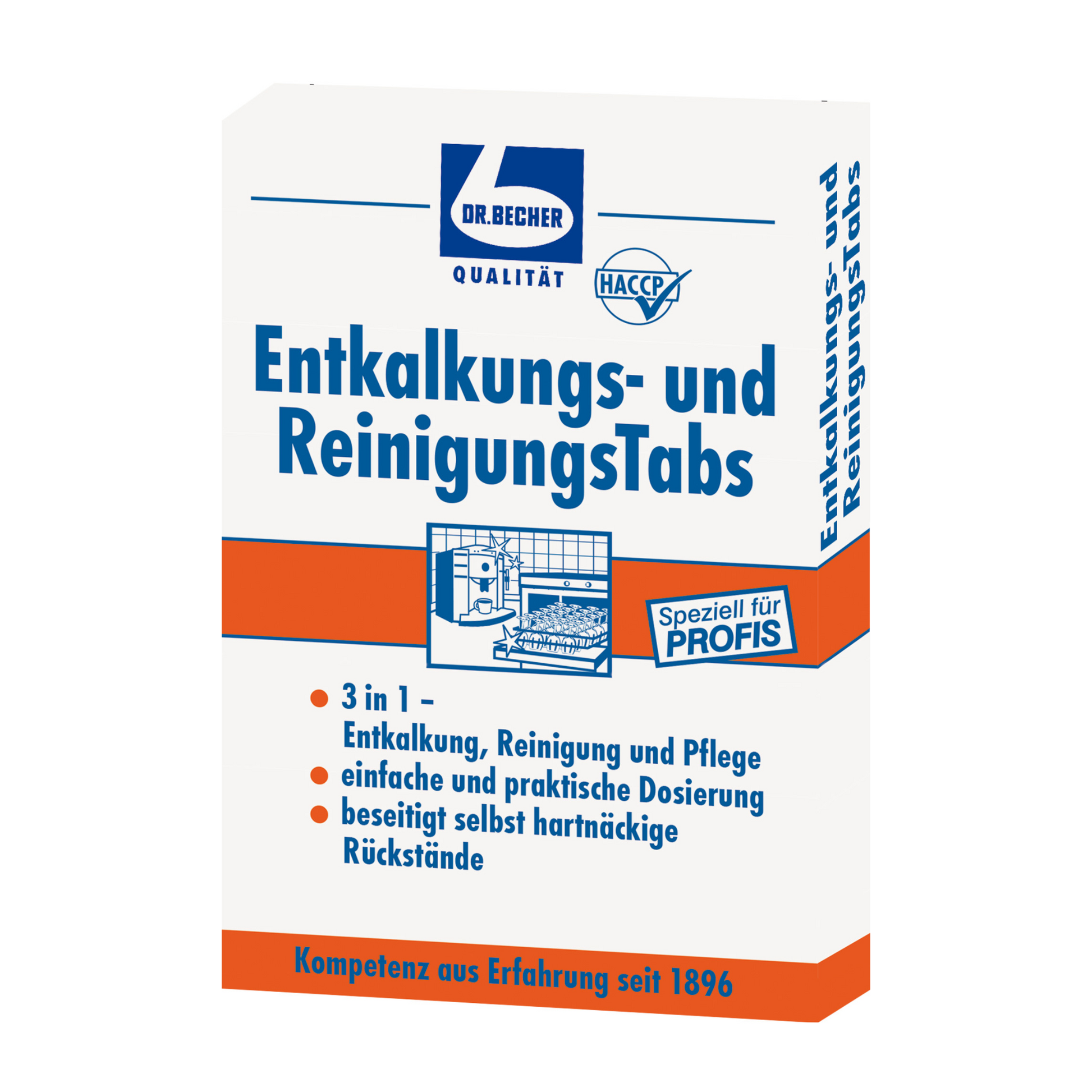 Eine Produktbox für Dr. Becher Entkalkungs- und ReinigungsTabs von Dr. Becher GmbH mit deutschem Text, hervorgehoben mit orangefarbenen und blauen Akzenten, sowie Bildern einer Geschirrspülmaschine und einer Waschmaschine.