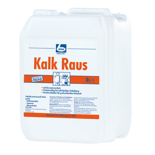 Ein weißer Plastikkrug mit der Aufschrift „Dr. Becher Kalk Raus Kalklöser für Küchengeräte“ enthält 5 Liter eines professionellen Entkalkers mit blauer und orangefarbener Markenbezeichnung sowie Abbildungen mit Anwendungshinweisen.