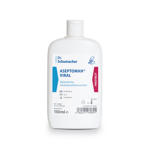 Eine 150 ml Flasche Dr. Schumacher Aseptoman® Viral Händedesinfektion, ein hautverträgliches Händedesinfektionsmittel auf Alkoholbasis. Die weiße Flasche hat ein blaues Etikett mit Produktinformationen in deutscher Sprache und einen roten Streifen an der Seite. Verschiedene Symbole am unteren Rand geben Hinweise zur Verwendung und Sicherheit.