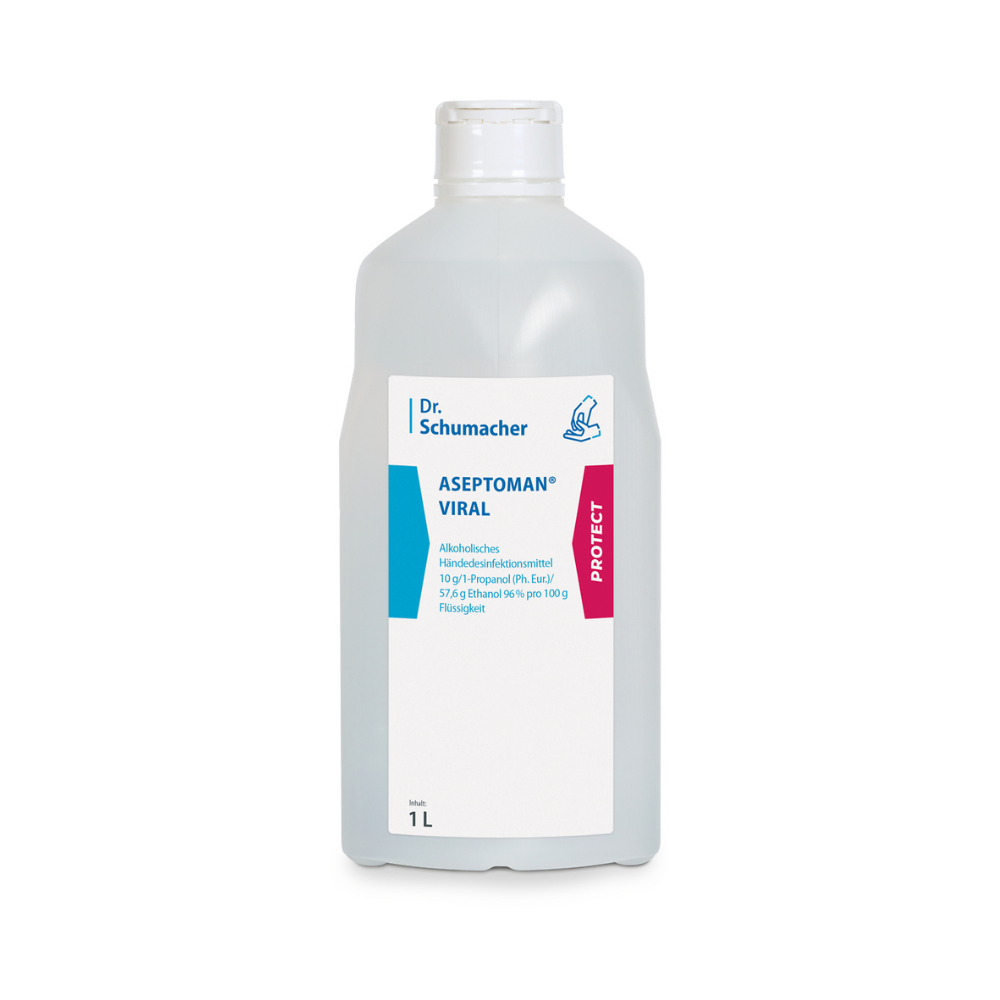 Eine durchsichtige Kunststoffflasche mit der Aufschrift „Dr. Schumacher Aseptoman® Viral Händedesinfektion“ der Dr. Schumacher GmbH, die 1 Liter alkoholisches Händedesinfektionsmittel enthält. Auf dem Etikett sind der Alkoholgehalt, die umfassende Wirksamkeit und Anwendungshinweise aufgeführt. Die Flasche hat einen weißen, leicht konischen Verschluss.