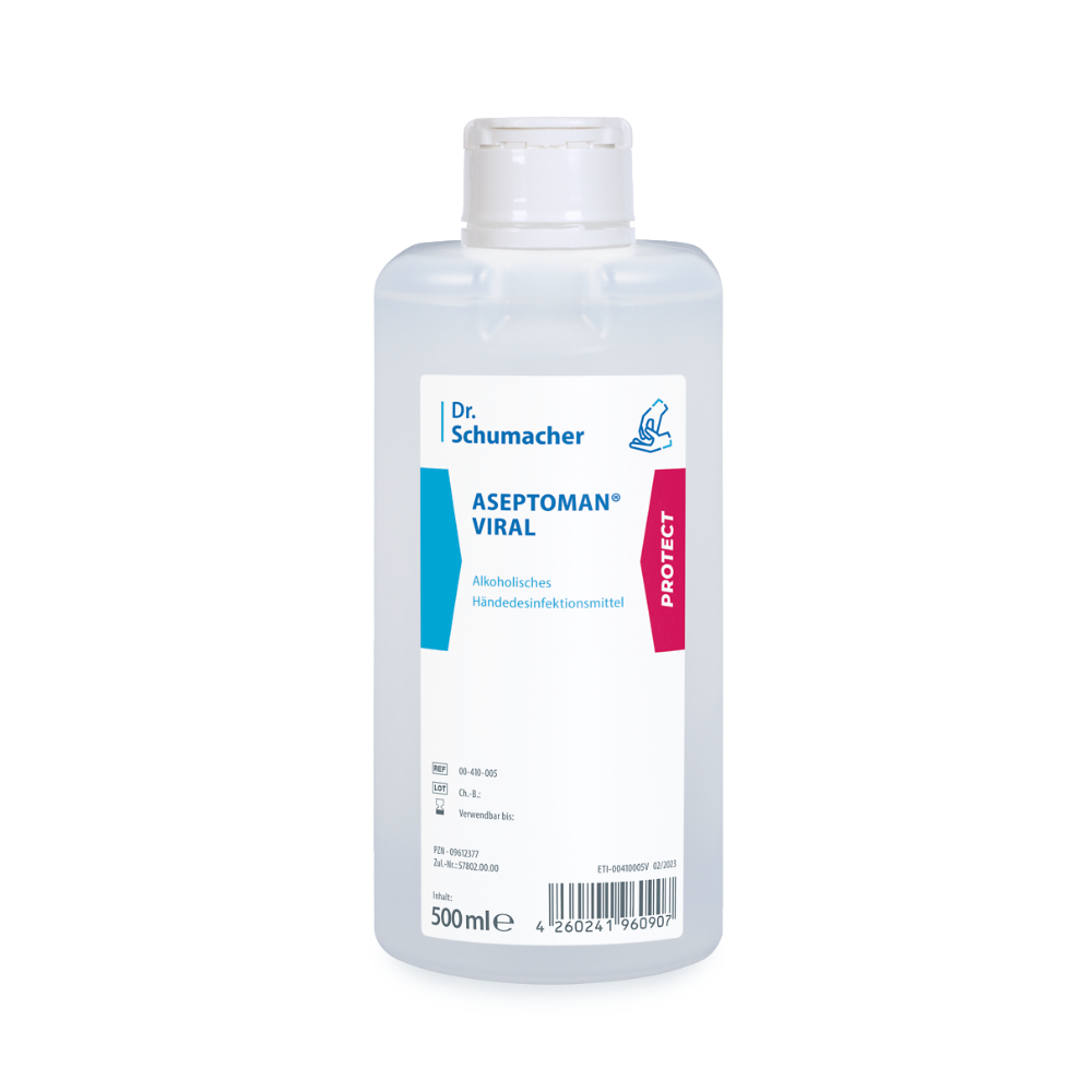 Abgebildet ist eine 500 ml Flasche Dr. Schumacher Aseptoman® Viral Händedesinfektion der Dr. Schumacher GmbH. Das Etikett betont die umfassende Wirksamkeit und gute Hautverträglichkeit. Die transparente Flasche mit weißem Verschluss zeigt auf dem Frontetikett Marken- und Produktinformationen.