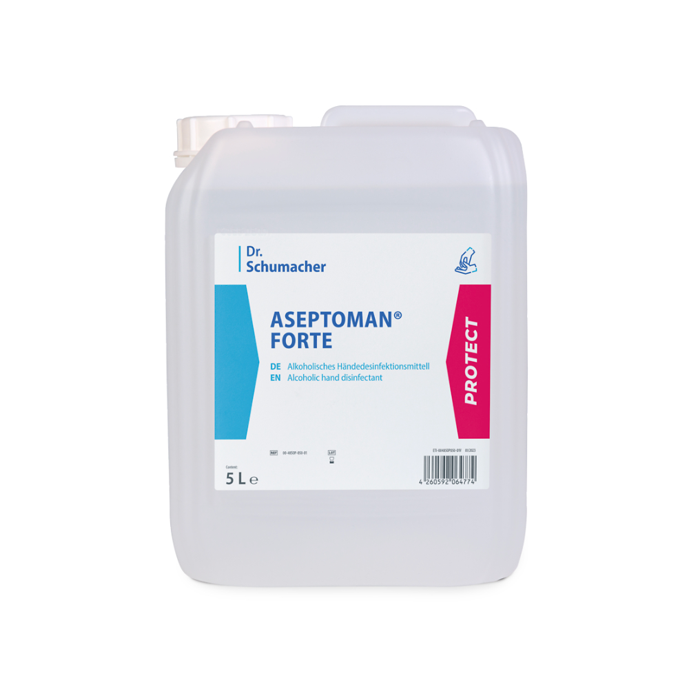 Ausgestellt ist ein 5-Liter-Behälter mit Dr. Schumacher Aseptoman® forte Händedesinfektionsmittel, einem alkoholbasierten Händedesinfektionsmittel der Dr. Schumacher GmbH. Der weiße Kanister ist mit einem blau-roten Etikett mit mehrsprachigen Produktinformationen versehen und hat oben einen Tragegriff. Dieses viruzide Desinfektionsmittel sorgt für wirksame Hygiene für alle.