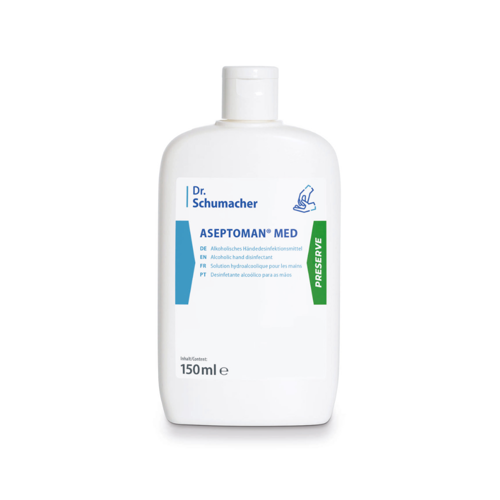 Eine 150 ml Flasche Dr. Schumacher Aseptoman® med Händedesinfektion. Die weiße Flasche ist mit einem blau-grünen Etikett mit mehrsprachigem Text versehen, das für die hygienische Händedesinfektion bestimmt ist. Auf der Unterseite ist „150 ml e“ markiert, was das Volumen angibt.