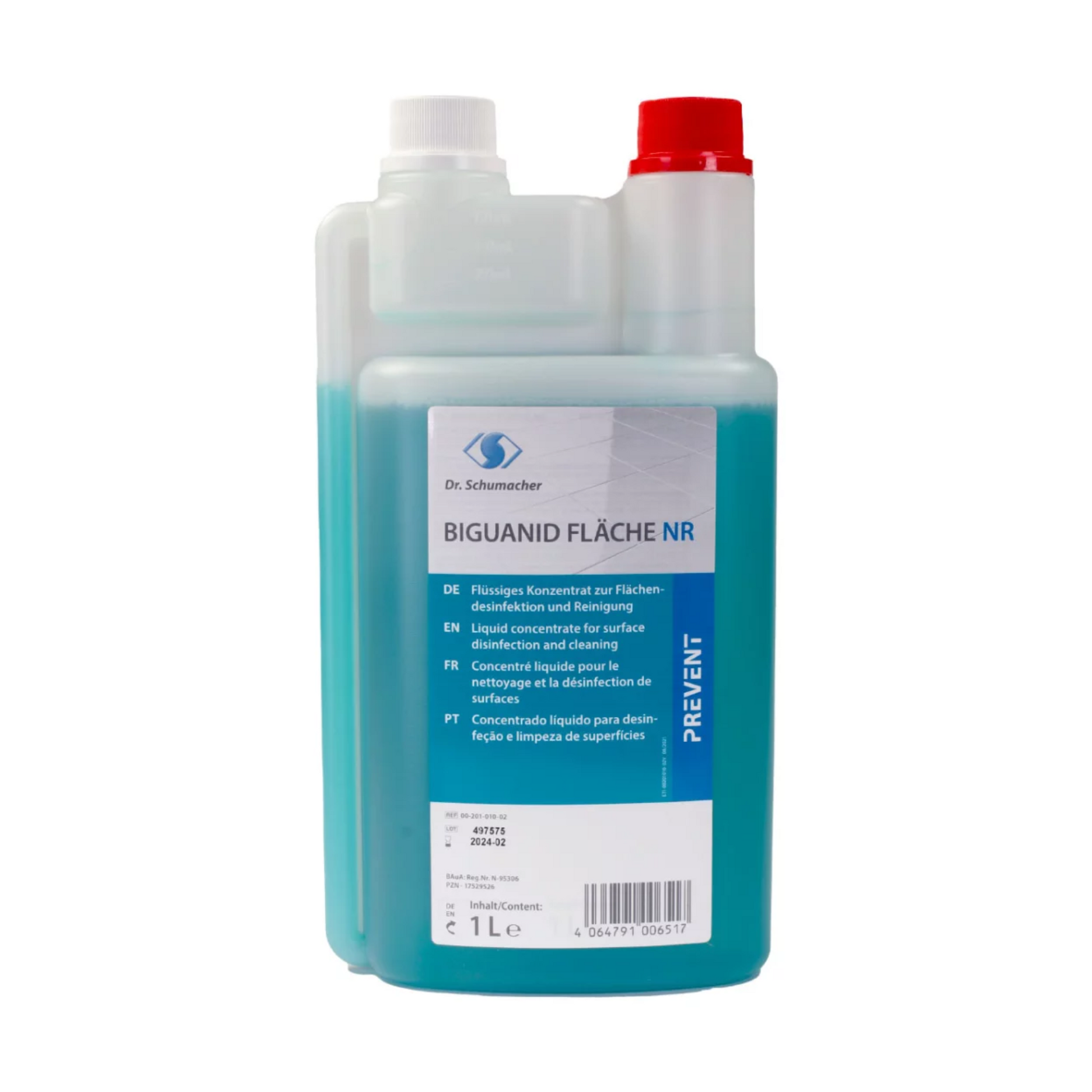 Eine 1-Liter-Flasche Biguanid Fläche NR Flächendesinfektion der Dr. Schumacher GmbH mit weiß-blauem Etikett und mehrsprachigem Text zur Flächendesinfektion. Der weiße Verschluss hat eine rote Düse zur einfachen Dosierung.