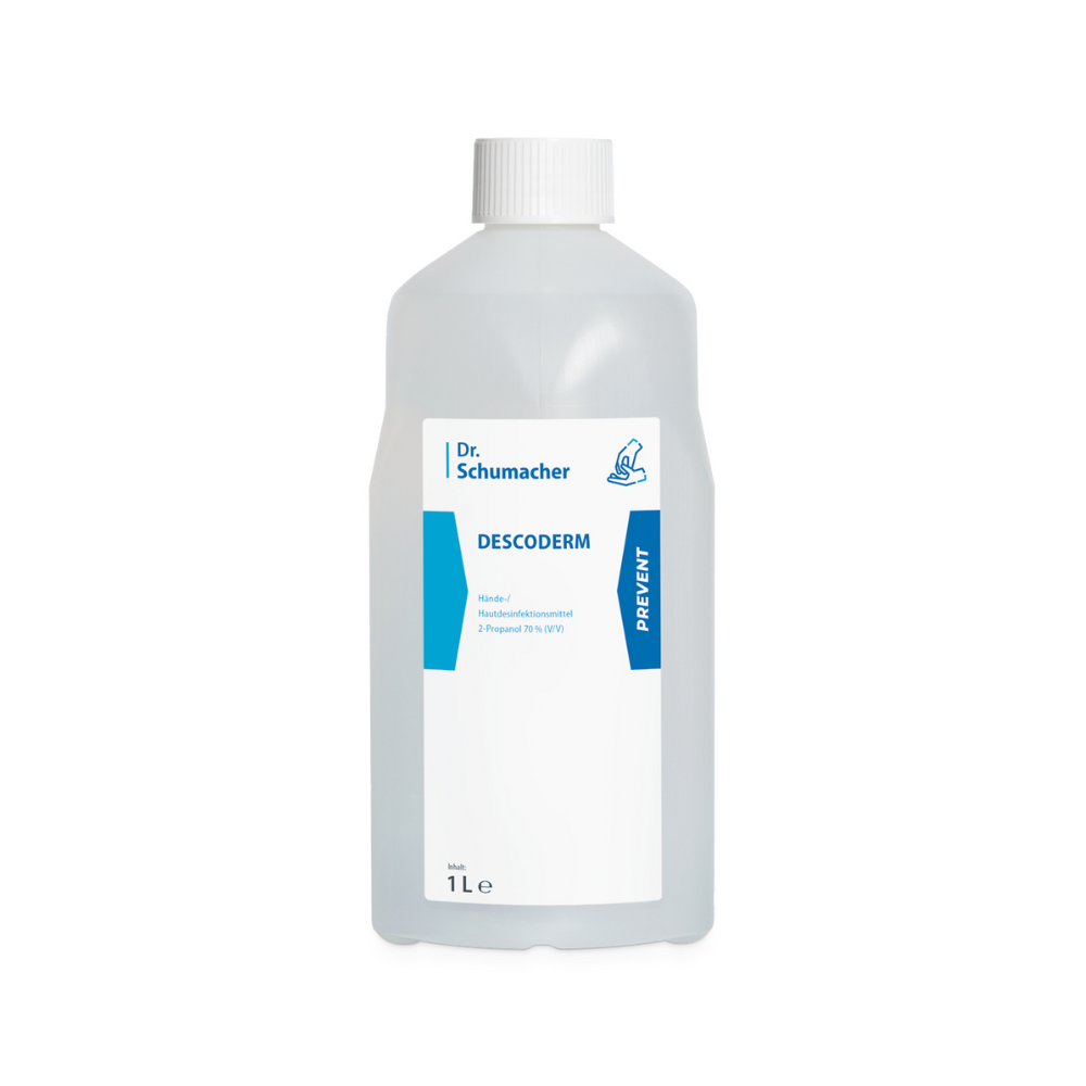 Eine 1-Liter-Flasche Descoderm Hautdesinfektion der Dr. Schumacher GmbH zur Hautdesinfektion. Das Etikett auf der Vorderseite ist weiß mit blauen Akzenten und enthält den Produktnamen, Anwendungshinweise und Präventionshinweise. Dieses parfümfreie Desinfektionsmittel hat einen weißen Schraubverschluss.