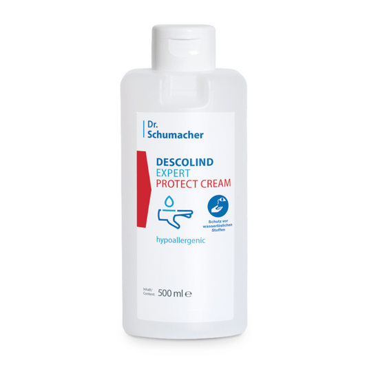 Eine 500 ml weiße Flasche der Dr. Schumacher GmbH mit der Aufschrift „Dr. Schumacher Descolind Expert Protect Cream Hautschutzcreme“ weist darauf hin, dass sie hypoallergen und für empfindliche Haut geeignet ist und sich daher ideal für Allergiker eignet.