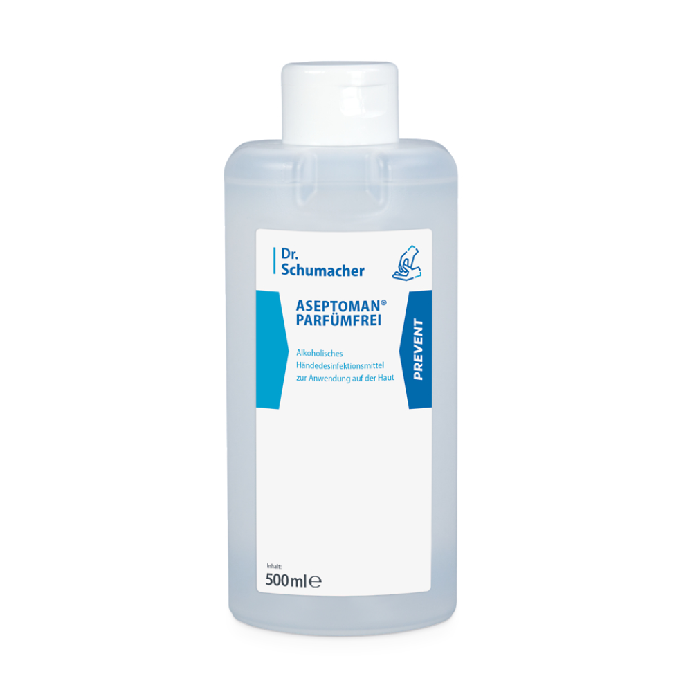 Abgebildet ist eine 500ml-Flasche Aseptoman® parfümfrei Händedesinfektion der Dr. Schumacher GmbH. Die transparente Flasche verfügt über einen weißen Verschluss und ein Etikett mit blau-weißen Designelementen. Dieses alkoholbasierte Händedesinfektionsmittel ist parfümfrei, wodurch es sich ideal für den Einsatz in medizinischen Einrichtungen eignet und zur Anwendung auf der Haut geeignet ist.