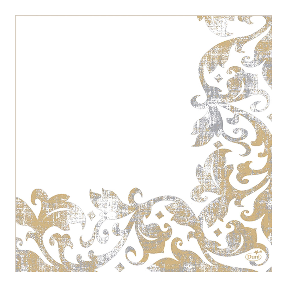 Wir präsentieren die Dunisoft®-Serviette 40 x 40 cm Festiva White von Duni GmbH, eine dekorative quadratische Serviette, die mit einem kunstvollen, Vintage-inspirierten Muster in Gold und Silber mit wirbelnden Blumen- und Blattmotiven verziert ist. Das elegante Design ziert die Ecken der Serviette und lässt eine makellos weiße Mitte übrig. Dieses Produkt eignet sich ideal als Einwegserviette für besondere Anlässe und wird in einer Packung mit 60 Stück geliefert.