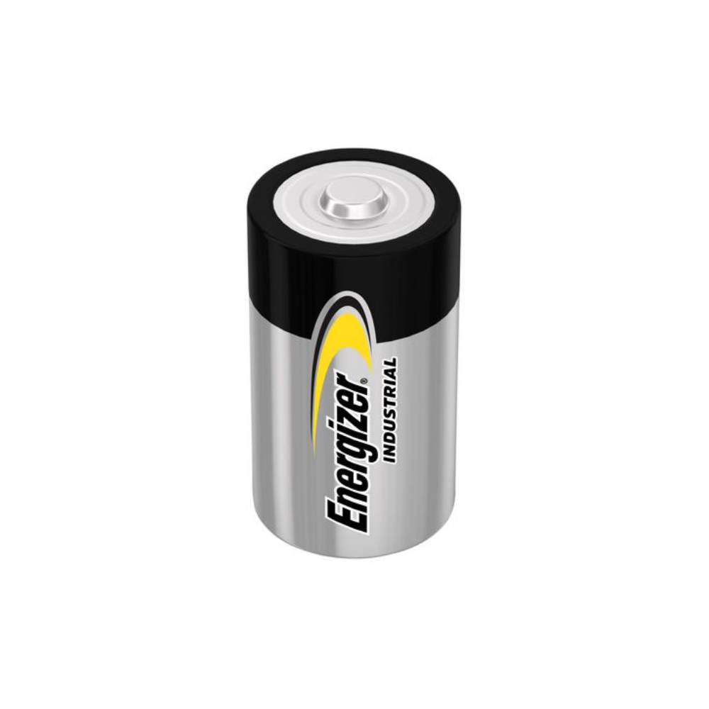 Eine zylindrische Batterie mit metallischem Gehäuse und schwarzer Oberseite. Auf dem Gehäuse ist die Marke „Energizer Industrial“ in schwarzer und gelber Schrift aufgedruckt. Diese Energizer Alkaline Batterie, C/Baby, 1,5 V | Packung (12 Stück) von Energizer Deutschland GmbH hat einen standardmäßigen Anschlussanschluss oben. Das Design ist einfach und praktisch.