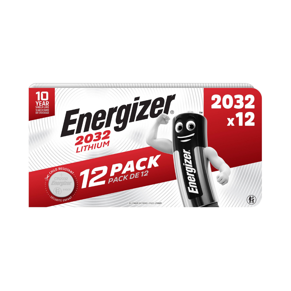 Bild einer Energizer Knopfzelle CR2032 Lithium-Mangandioxid 12er-Pack Batteriebox von Energizer Deutschland GmbH. Die Verpackung ist überwiegend weiß und rot, mit dem Energizer-Logo oben links und einem Maskottchen auf der rechten Seite. Sie weist auf eine Haltbarkeit von 10 Jahren hin, mit dem Text „2032 x 12“ oben rechts – eine wirklich langlebige Batterie.