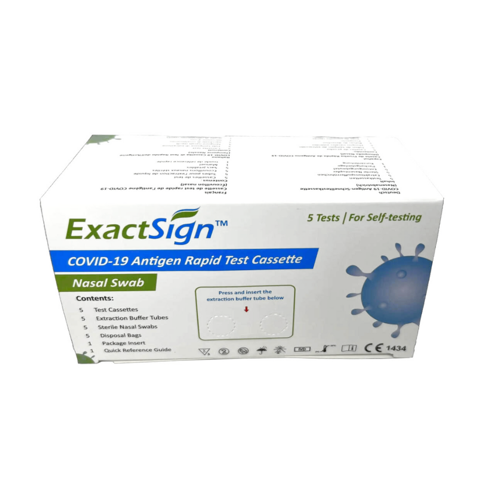 Schachtel mit ExactSign Covid-19 Antigen Schnelltest (Laientest) Schnelltestkassette zur Selbsttestung, mit 5 Nasenabstrichtests. Die Verpackung enthält eine Gebrauchsanweisung und ist mit dem CE-Zertifikat gekennzeichnet.