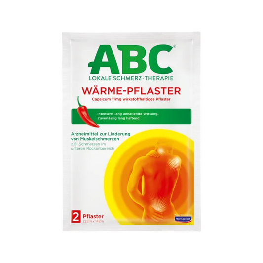 Eine Packung Hansaplast ABC® Wärme-Pflaster Capsicum (2 Stück) von Beiersdorf AG mit einem Diagramm eines menschlichen Rückens mit Wärmestrahlung aus dem unteren Rückenbereich. Der Text weist darauf hin, dass es sich um eine lokale Schmerztherapie handelt und Capsicum zur Linderung von Muskelschmerzen enthält. Die Packungsgröße beträgt 22 cm x 14 cm.