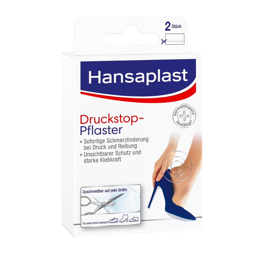 Verpackung des Hansaplast Druckstop-Pflasters der Beiersdorf AG mit der Abbildung eines Frauenfußes in einem High Heels, der Linderung von Druckschmerzen verspricht. Der Text ist auf Deutsch und betont Schutzpol.