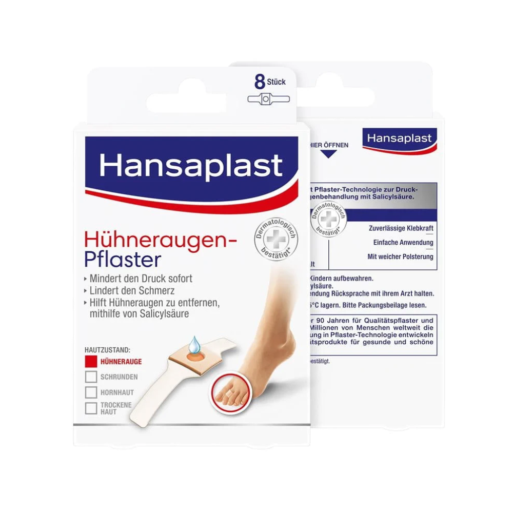 Vorder- und Rückansicht eines Beiersdorf AG Hansaplast Hühneraugen-Pflasters, 40% Salicylsäure | Packung (8 Stück) Box. Die Vorderseite zeigt eine Abbildung des Pflasters mit extra langem Fixierstreifen auf einem Fuß. Auf der Rückseite finden Sie Anwendungshinweise und Warnhinweise zum Salicylsäure-Gehalt. Die Packung enthält 8 Pflaster.