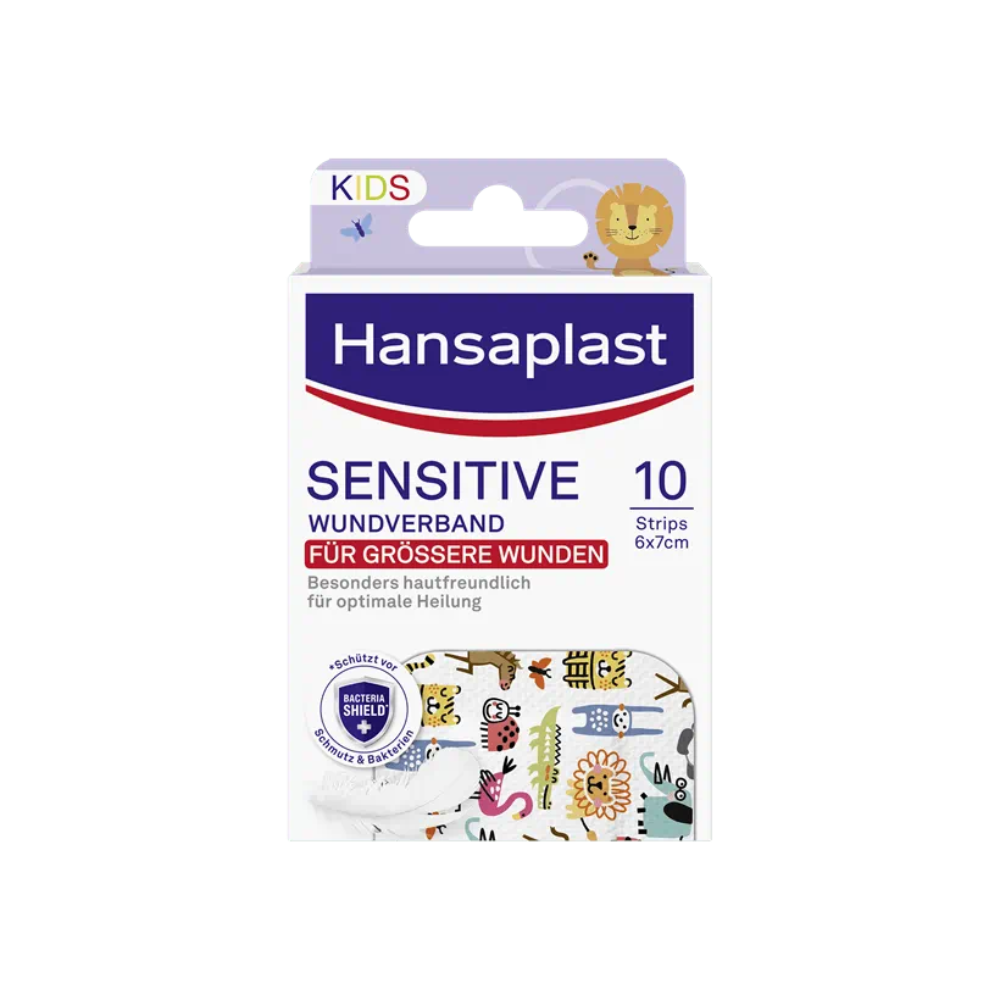 Packung mit Beiersdorf AG Hansaplast Sensitive Kids Wundverband, 6 x 7 cm | Packung (10 Stück), bestehend aus 10 Streifen à 6x7cm. Die Verpackung zeigt eine Löwenillustration und betont, dass das Pflaster ein hautfreundlicher Wundverband ist und eine optimale Heilung bei empfindlicher Haut gewährleistet.