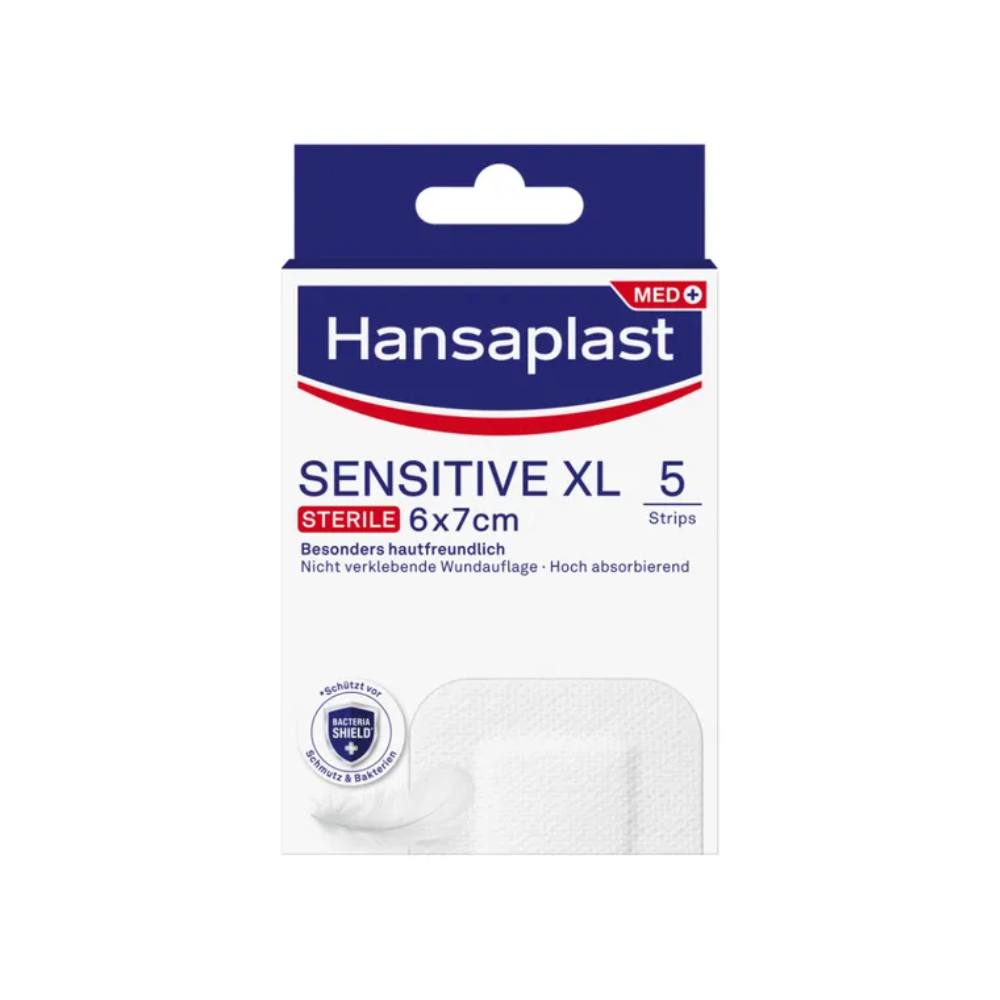 Das Bild zeigt eine Packung mit Hansaplast Sensitive XL, steril, besonders hautfreundlich, sterile Wundstreifen von Beiersdorf AG, perfekt für eine effektive Wundversorgung. Die Packung enthält 5 Streifen mit den Maßen 6 cm x 7 cm. Die Verpackung betont die hautfreundlichen und nicht klebenden Eigenschaften des Produkts mit hoher Saugfähigkeit.