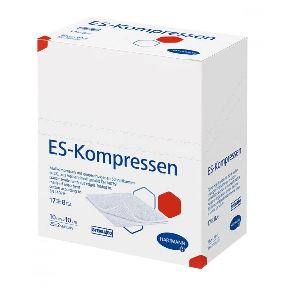 Eine Packung Hartmann ES-Kompressen 17-fädig, 12-fach, steril der Paul Hartmann AG, ein Medizinprodukt, mit Details zu sterilen, gefalteten Mullkompressen mit den Maßen 10 cm x 10 cm, in einer Schachtel mit 25 Stück